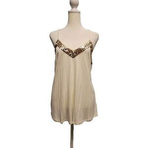 Y2K Bling Express Tank Top Womens Medium Rose Gold Sequin Flowy Cream V-neck